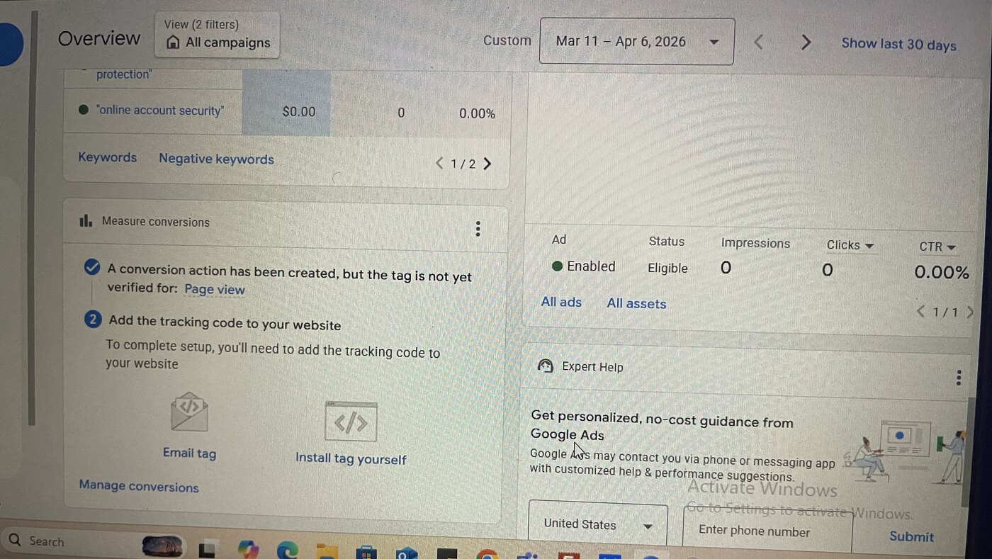 Google Ads conversion setup panel showing a created conversion action with an unverified page-view tag and tag installation options