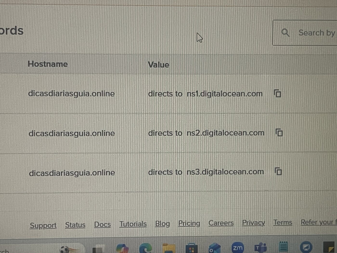 DigitalOcean domain records panel showing three NS records delegating a campaign domain
