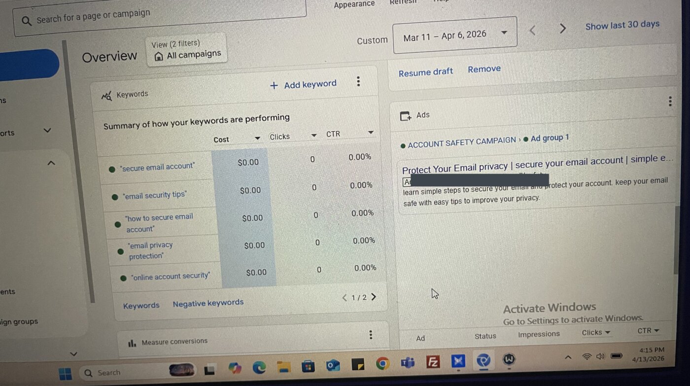 Google Ads overview showing five email-security keywords at zero cost next to a search ad preview