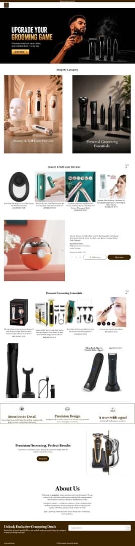 Full-page view of a men’s grooming e-commerce storefront with category sections, product grids and an email capture footer