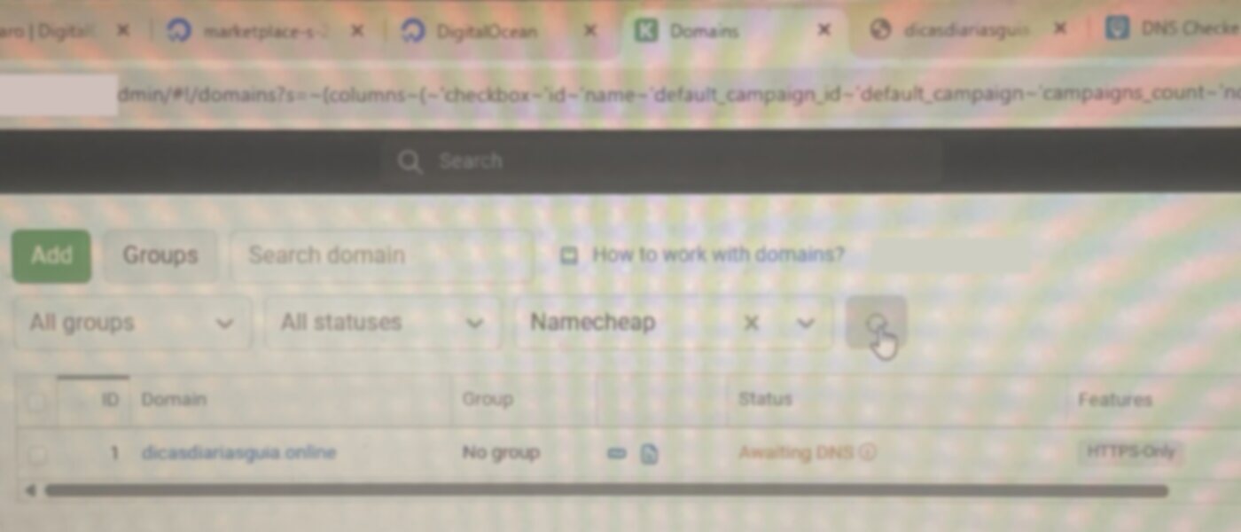 Keitaro domain management screen showing a campaign domain registered through Namecheap with HTTPS-only enabled