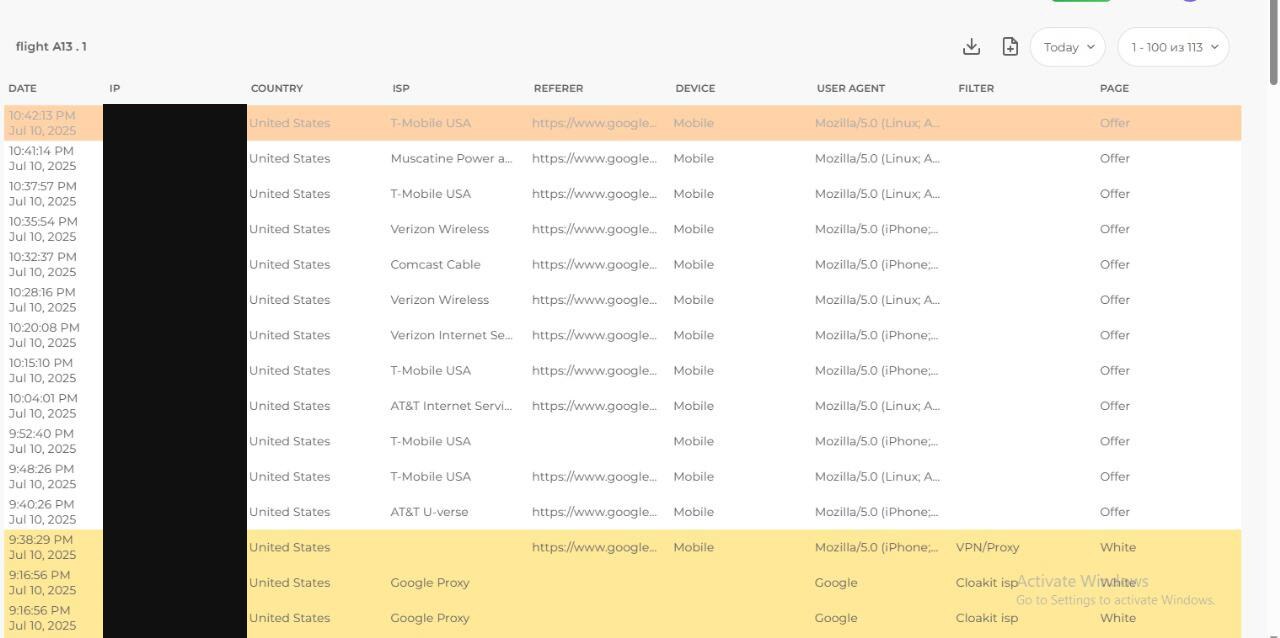 Keitaro click log with the filter and page columns open, showing US mobile carrier traffic routed to the offer page while VPN, proxy and Google datacentre clicks are routed to the white page