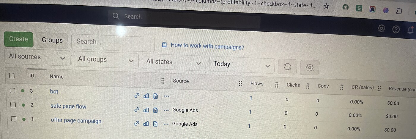 Keitaro campaigns list showing three campaigns named bot, safe page flow and offer page campaign, two of them sourced from Google Ads