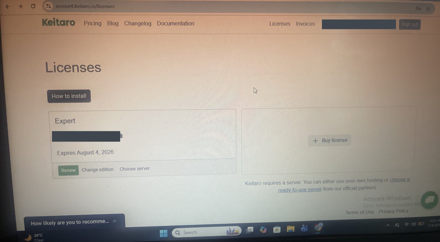 Keitaro account licenses page showing an Expert edition license valid to August 2026, with the key and account email blacked out