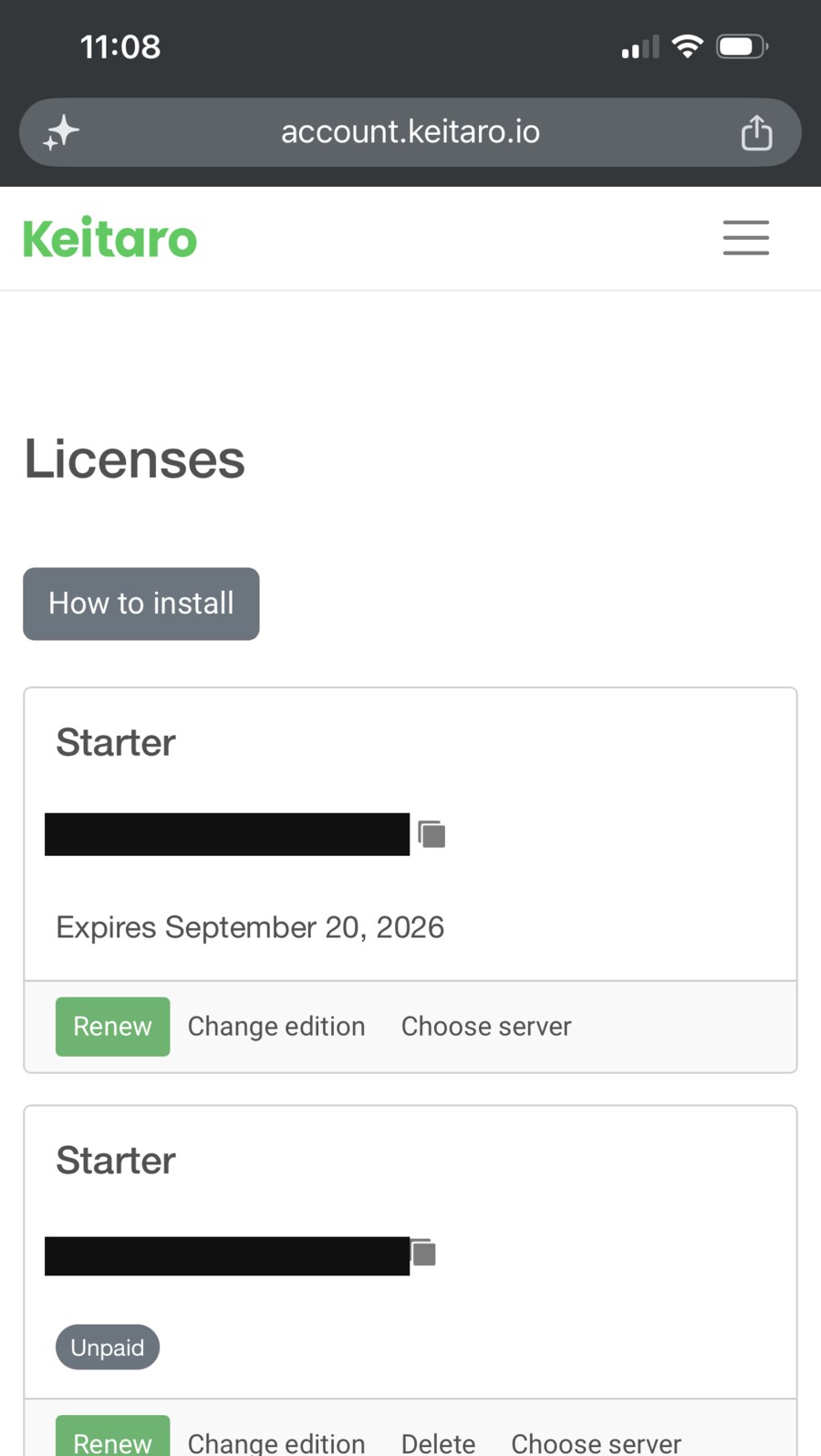 Keitaro account licenses page on mobile showing two Starter licences, one paid and expiring September 2026 and one unpaid, with both keys blacked out