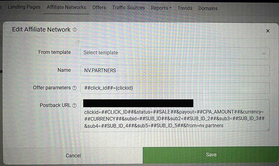 Keitaro affiliate network editor showing an offer parameter and a full server-to-server postback URL built from click ID, status, payout, currency and five sub-ID macros