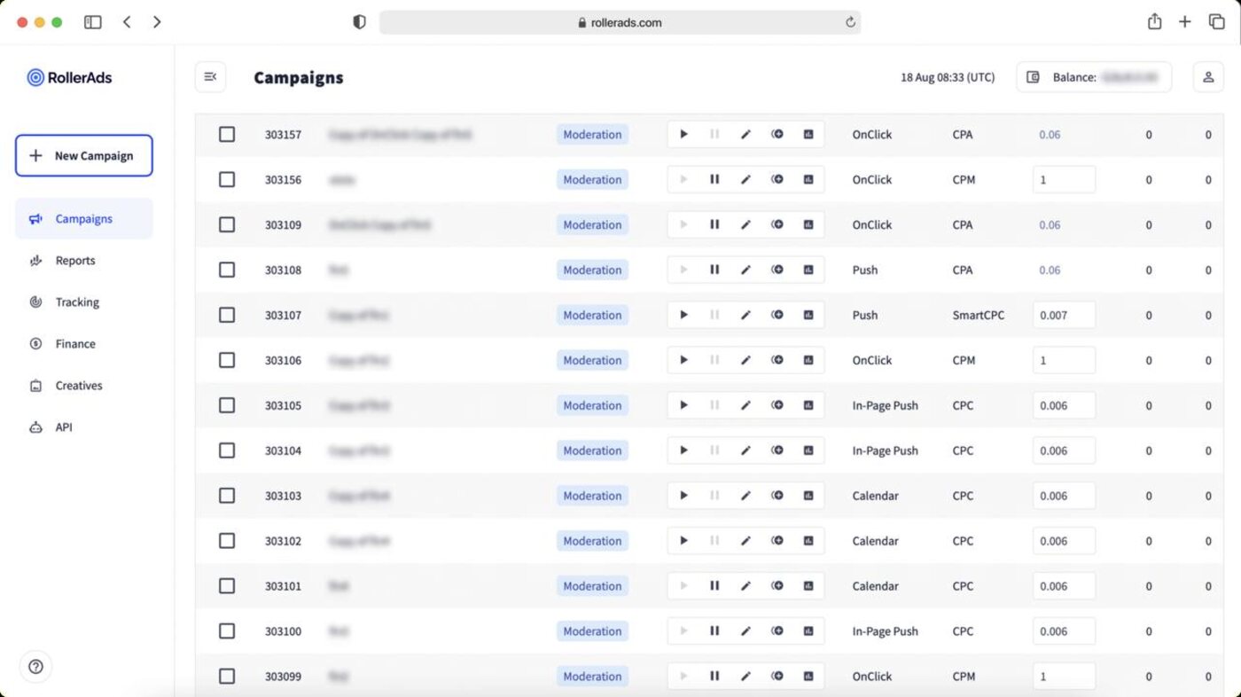 RollerAds campaigns dashboard with fifteen campaigns in moderation across OnClick, Push, In-Page Push and Calendar formats