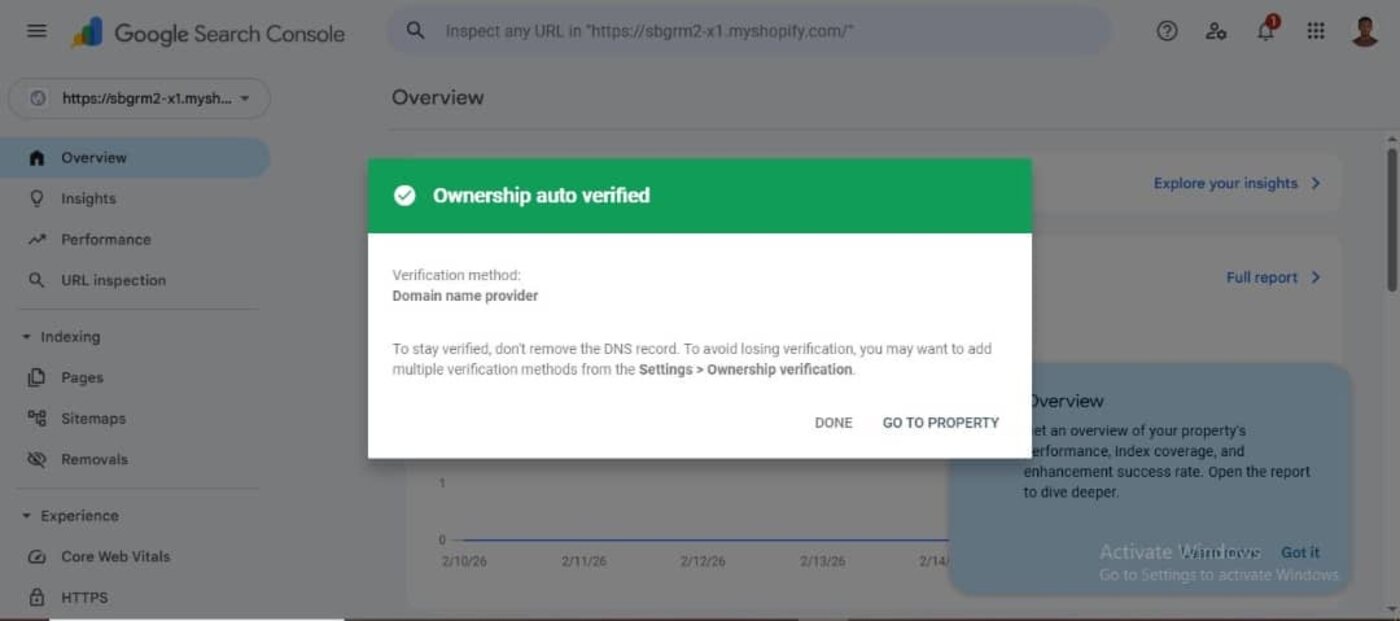 Google Search Console confirming domain ownership auto-verified through the domain name provider