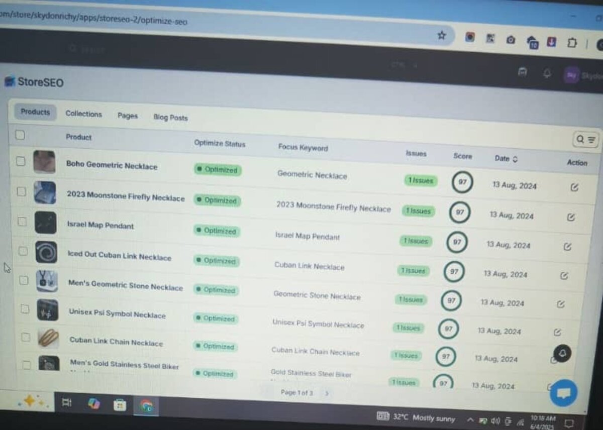 StoreSEO product list showing eight jewellery products marked optimized with a score of 97 each